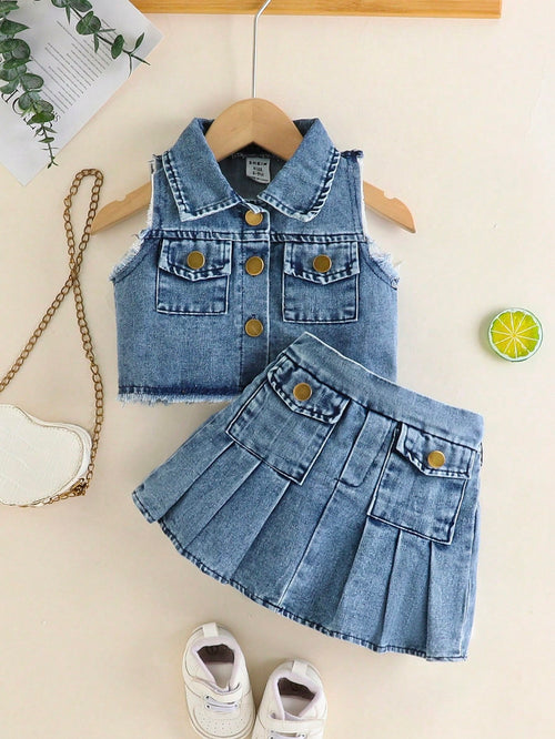 Baby Girl Fashion Elegant & Chic Street Style Blue Washed Denim Top Jacket Matched With Coordinating Skirt Set, Summer