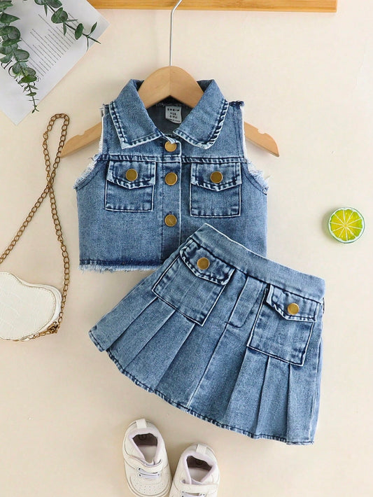 Baby Girl Fashion Elegant & Chic Street Style Blue Washed Denim Top Jacket Matched With Coordinating Skirt Set, Summer