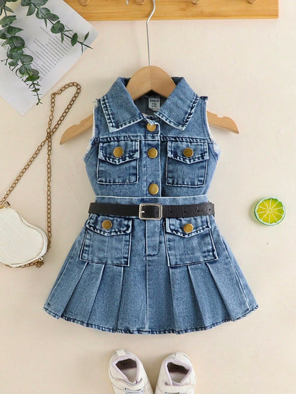 Baby Girl Fashion Elegant & Chic Street Style Blue Washed Denim Top Jacket Matched With Coordinating Skirt Set, Summer