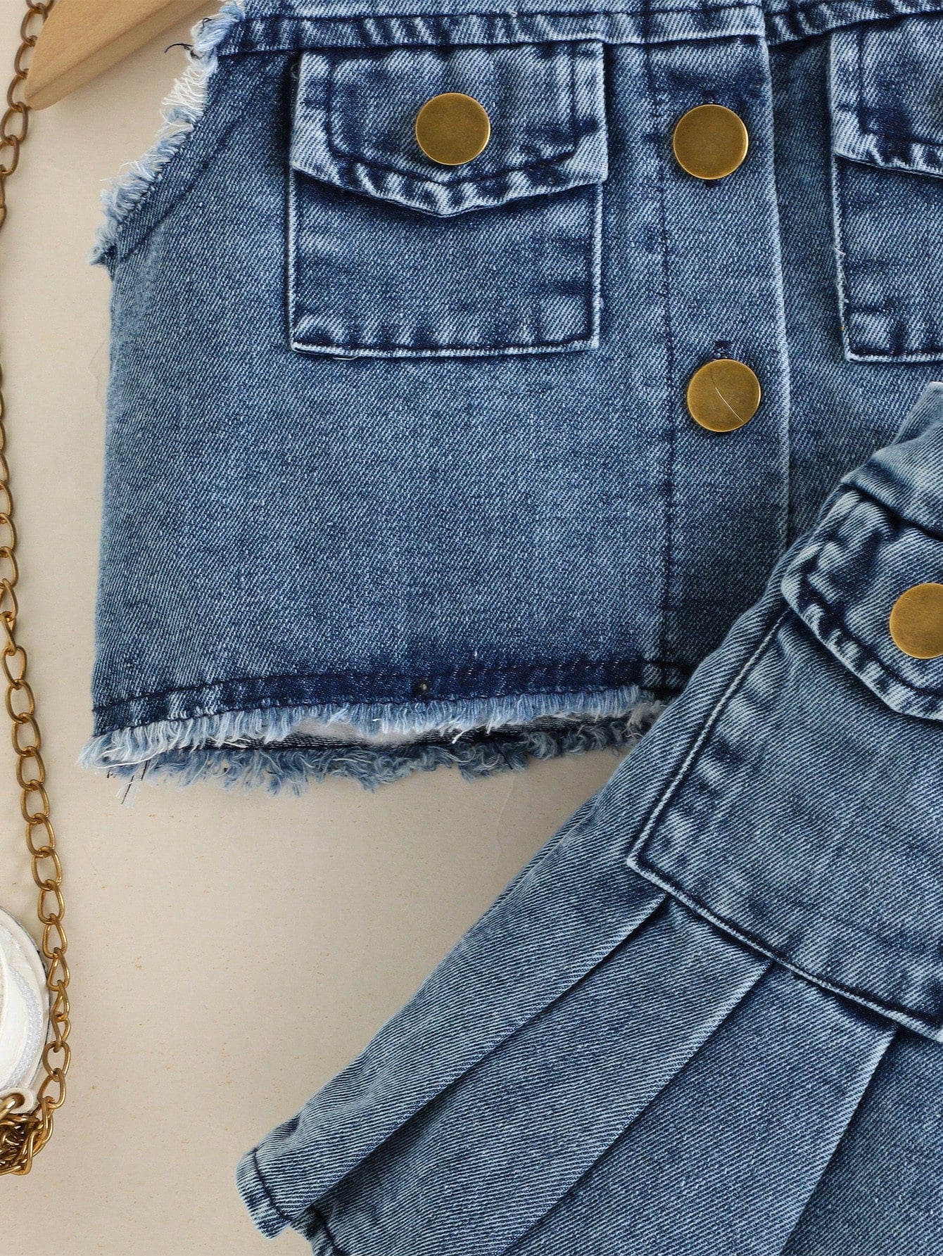 Baby Girl Fashion Elegant & Chic Street Style Blue Washed Denim Top Jacket Matched With Coordinating Skirt Set, Summer