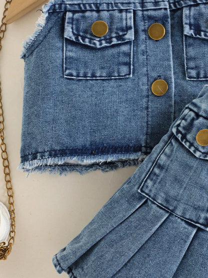 Baby Girl Fashion Elegant & Chic Street Style Blue Washed Denim Top Jacket Matched With Coordinating Skirt Set, Summer