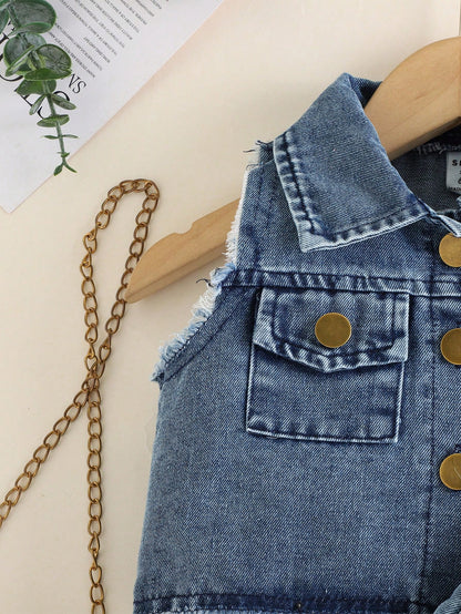 Baby Girl Fashion Elegant & Chic Street Style Blue Washed Denim Top Jacket Matched With Coordinating Skirt Set, Summer