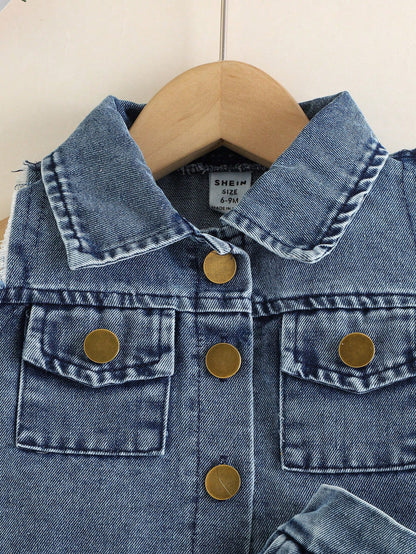 Baby Girl Fashion Elegant & Chic Street Style Blue Washed Denim Top Jacket Matched With Coordinating Skirt Set, Summer
