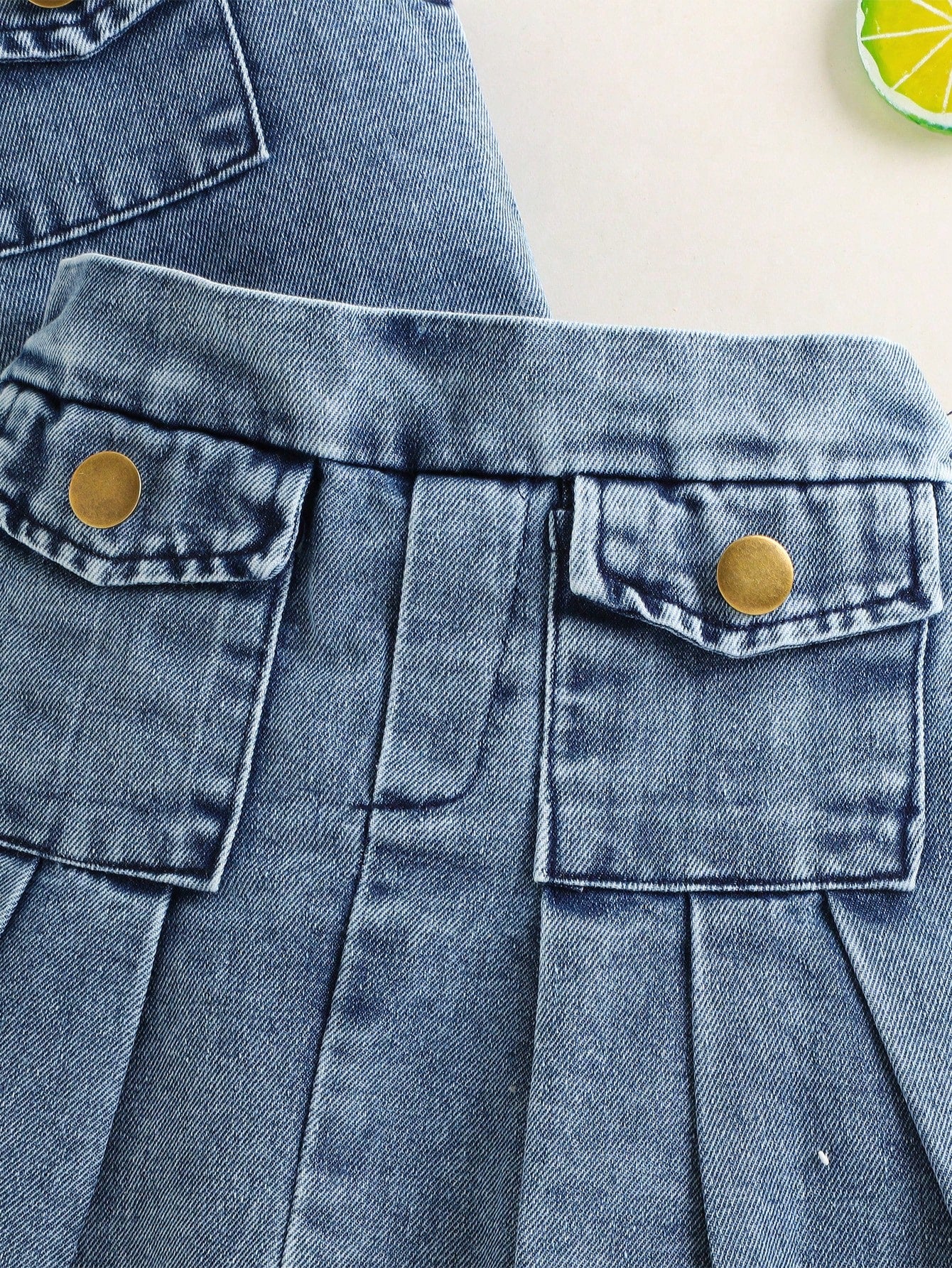 Baby Girl Fashion Elegant & Chic Street Style Blue Washed Denim Top Jacket Matched With Coordinating Skirt Set, Summer