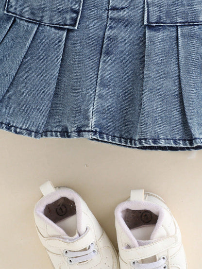 Baby Girl Fashion Elegant & Chic Street Style Blue Washed Denim Top Jacket Matched With Coordinating Skirt Set, Summer