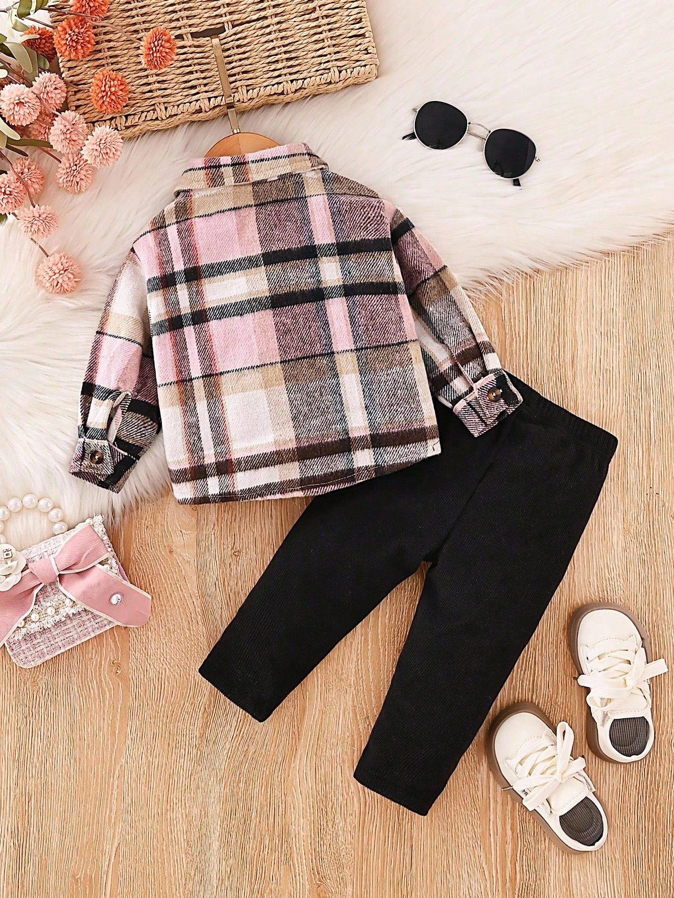 Baby Girl Front Button Fake Pocket Plaid Shirt Pants Casual Modest Basic 2pcs Set Back-To-School Photoshoot Pink Black Autumn