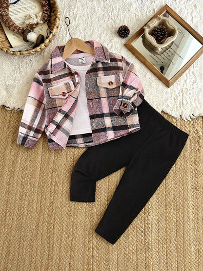 Baby Girl Front Button Fake Pocket Plaid Shirt Pants Casual Modest Basic 2pcs Set Back-To-School Photoshoot Pink Black Autumn