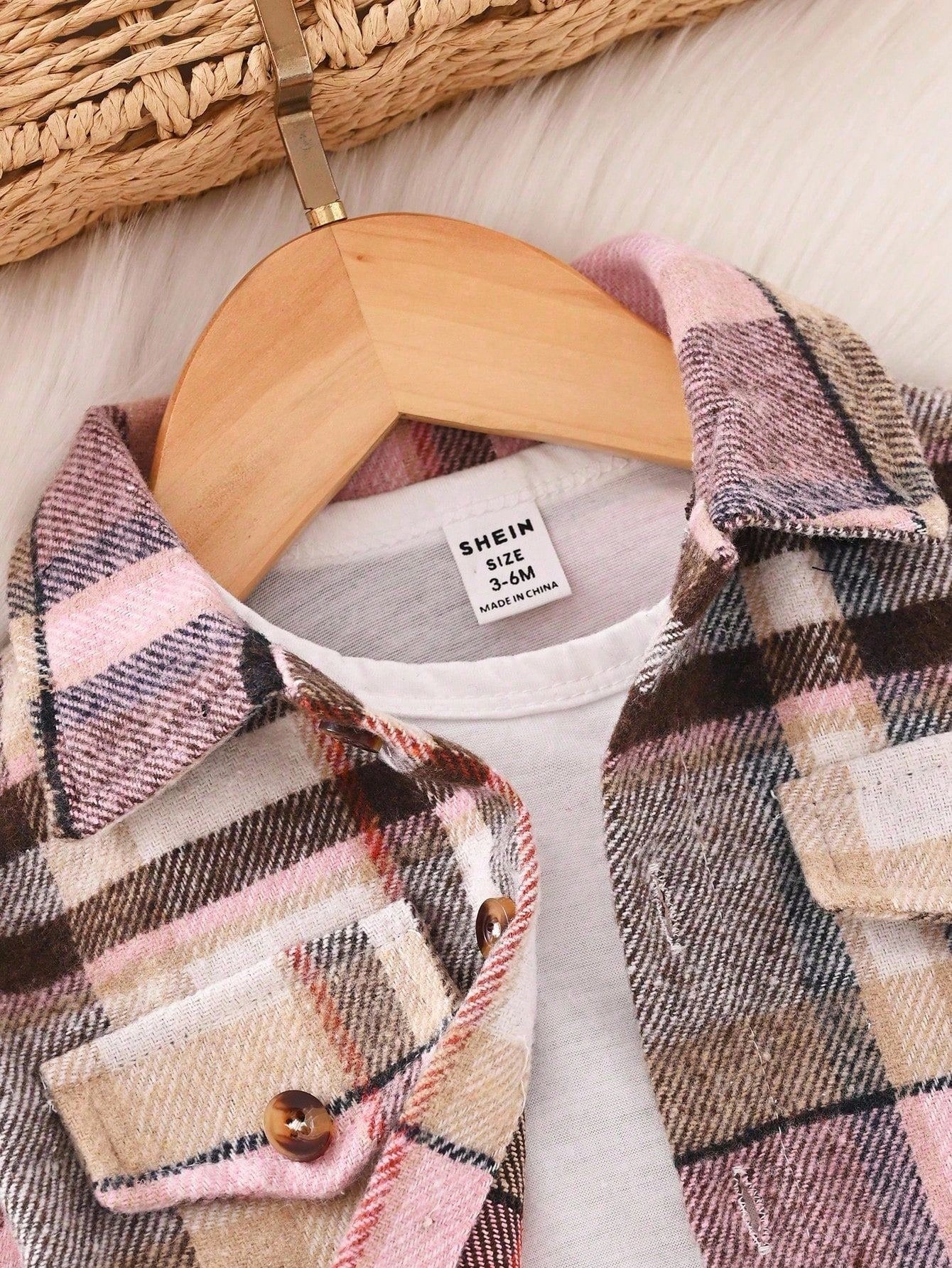 Baby Girl Front Button Fake Pocket Plaid Shirt Pants Casual Modest Basic 2pcs Set Back-To-School Photoshoot Pink Black Autumn
