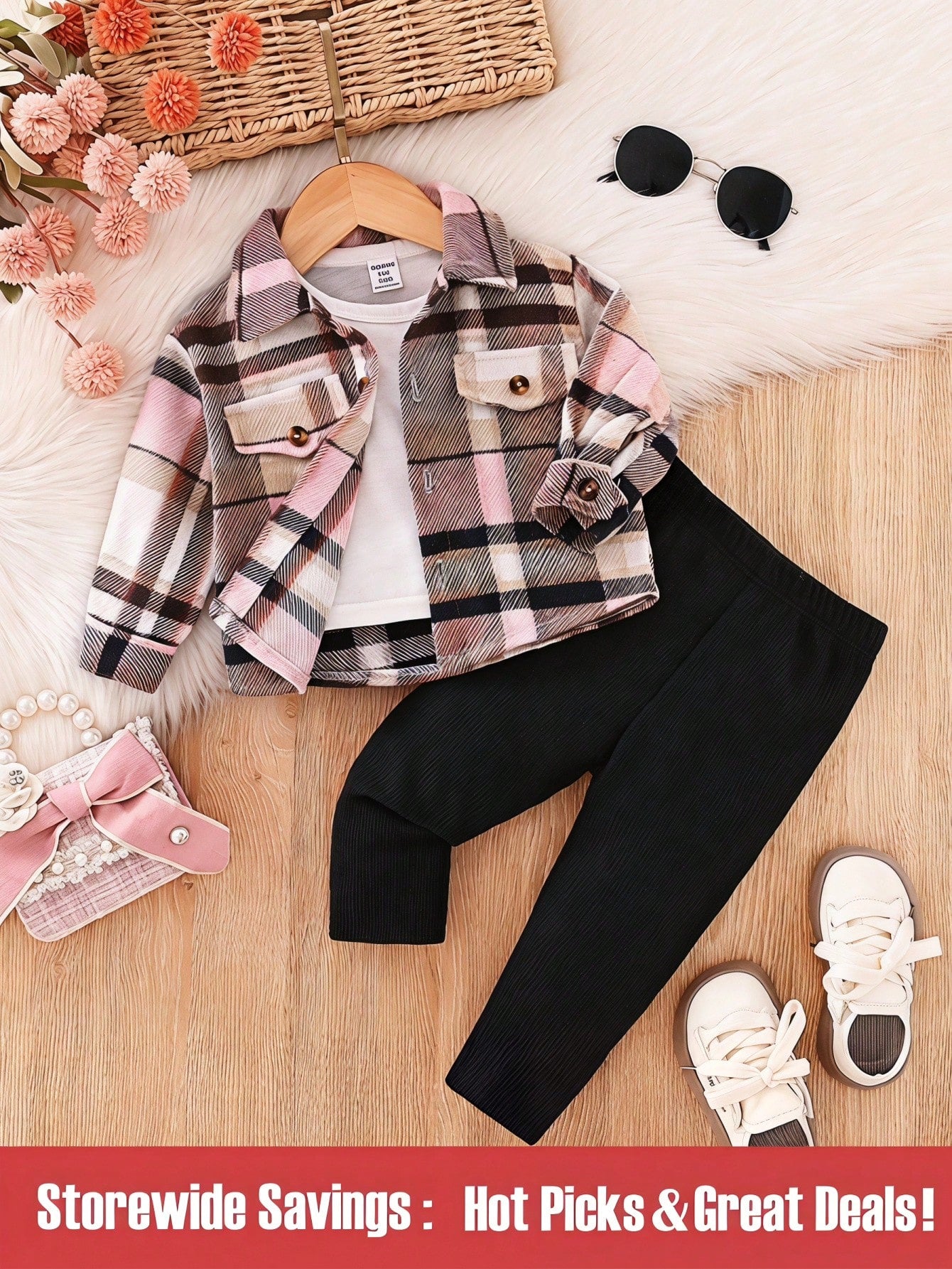 Baby Girl Front Button Fake Pocket Plaid Shirt Pants Casual Modest Basic 2pcs Set Back-To-School Photoshoot Pink Black Autumn