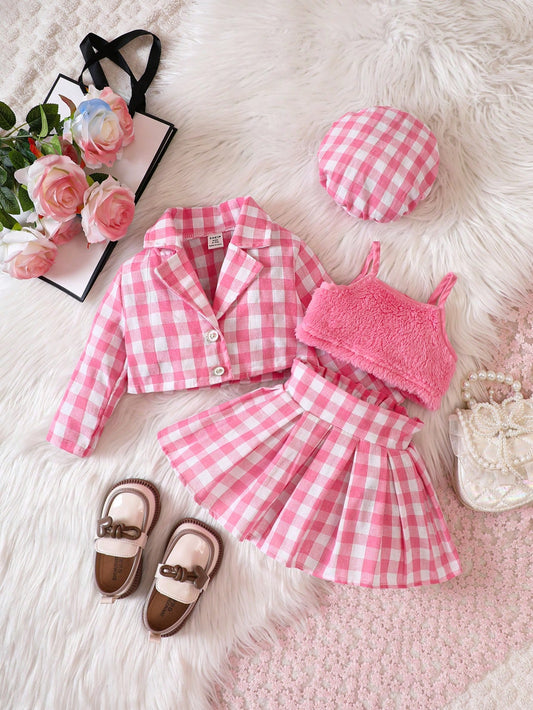 Baby Girl Gingham Print Jacket & Cami Top & Pleated Skirt & Hat, For Christmas