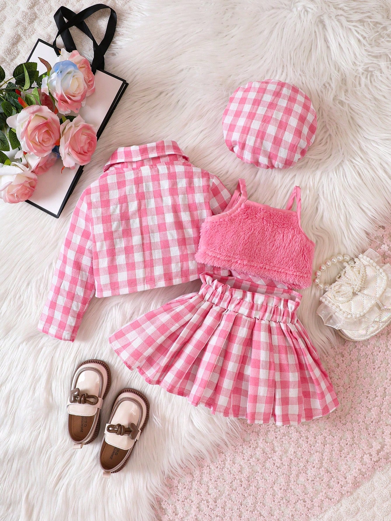 Baby Girl Gingham Print Jacket & Cami Top & Pleated Skirt & Hat, For Christmas
