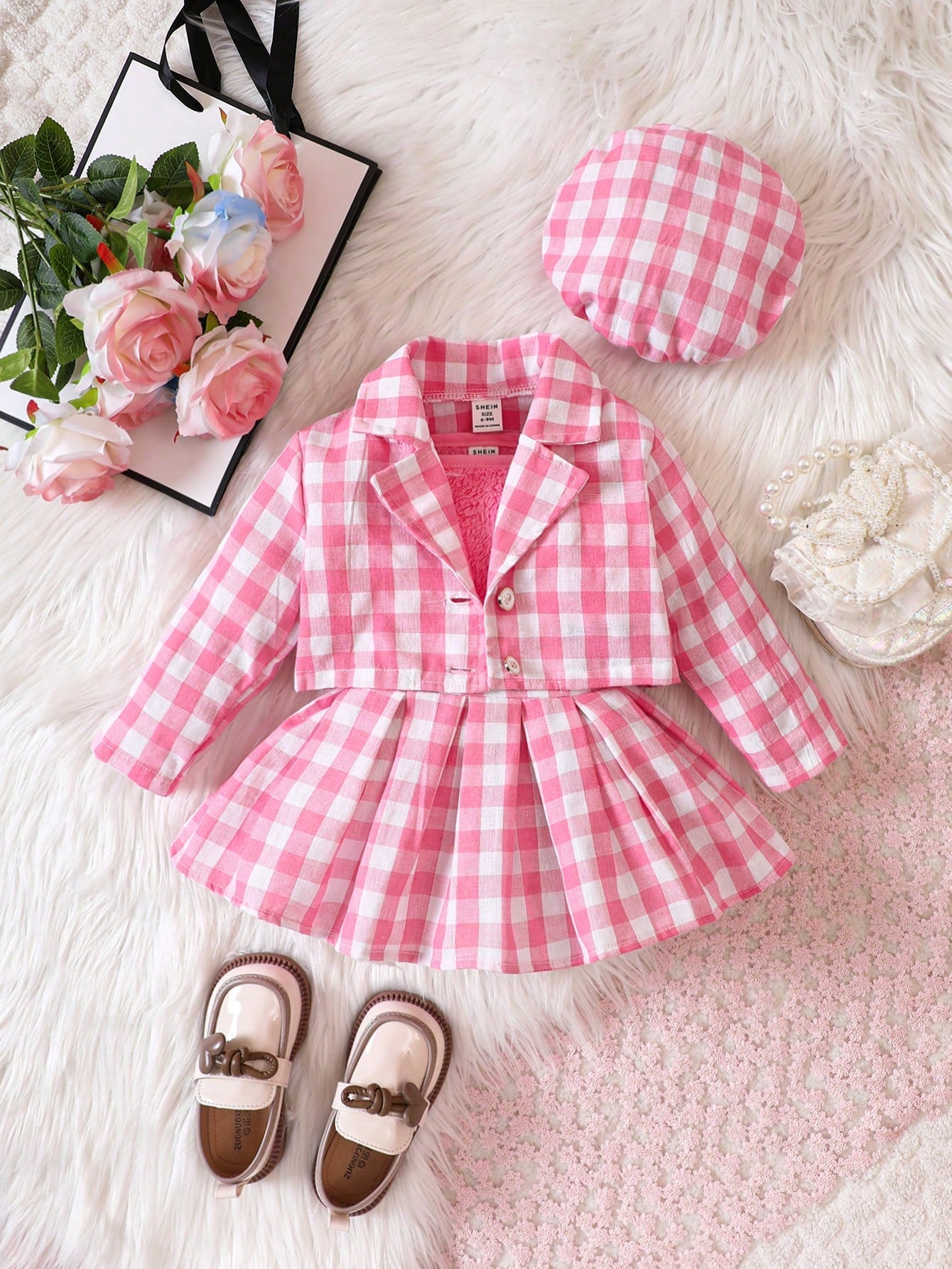 Baby Girl Gingham Print Jacket & Cami Top & Pleated Skirt & Hat, For Christmas