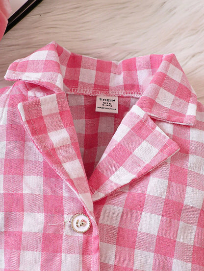 Baby Girl Gingham Print Jacket & Cami Top & Pleated Skirt & Hat, For Christmas