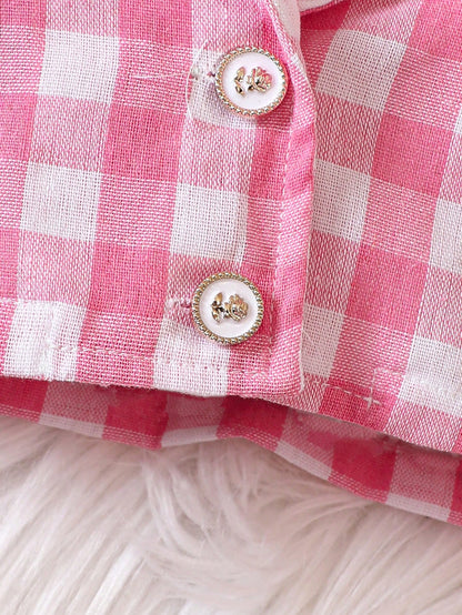 Baby Girl Gingham Print Jacket & Cami Top & Pleated Skirt & Hat, For Christmas
