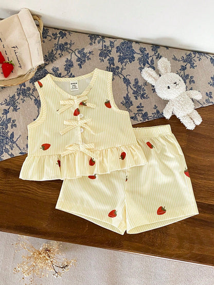 Baby Girl Striped & Strawberry Print Round Neck Tank Top And Shorts Casual Set