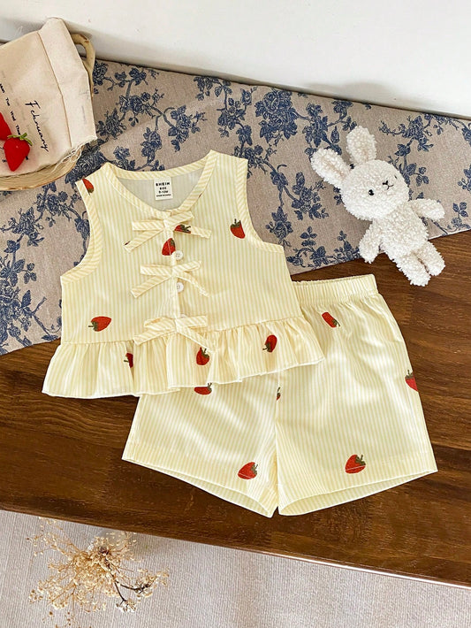 Baby Girl Striped & Strawberry Print Round Neck Tank Top And Shorts Casual Set