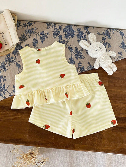 Baby Girl Striped & Strawberry Print Round Neck Tank Top And Shorts Casual Set