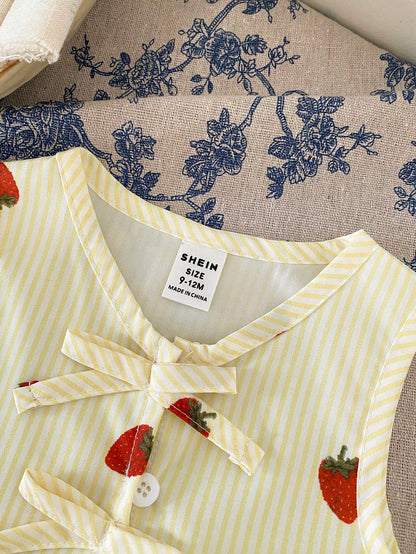 Baby Girl Striped & Strawberry Print Round Neck Tank Top And Shorts Casual Set