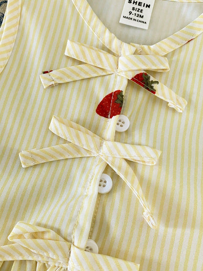Baby Girl Striped & Strawberry Print Round Neck Tank Top And Shorts Casual Set