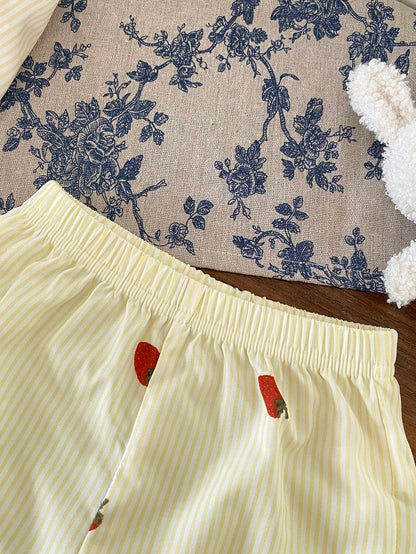 Baby Girl Striped & Strawberry Print Round Neck Tank Top And Shorts Casual Set