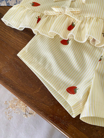 Baby Girl Striped & Strawberry Print Round Neck Tank Top And Shorts Casual Set