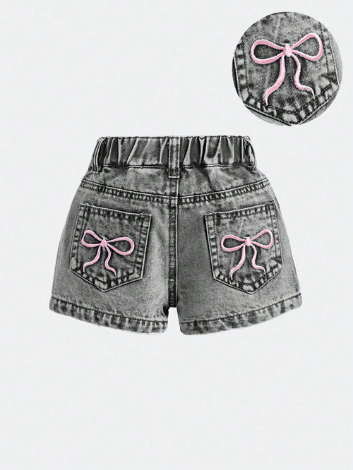 Baby Girls' Blue Denim Shorts With Embroidered Bowknot Pattern