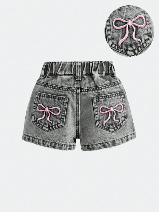 Baby Girls' Blue Denim Shorts With Embroidered Bowknot Pattern