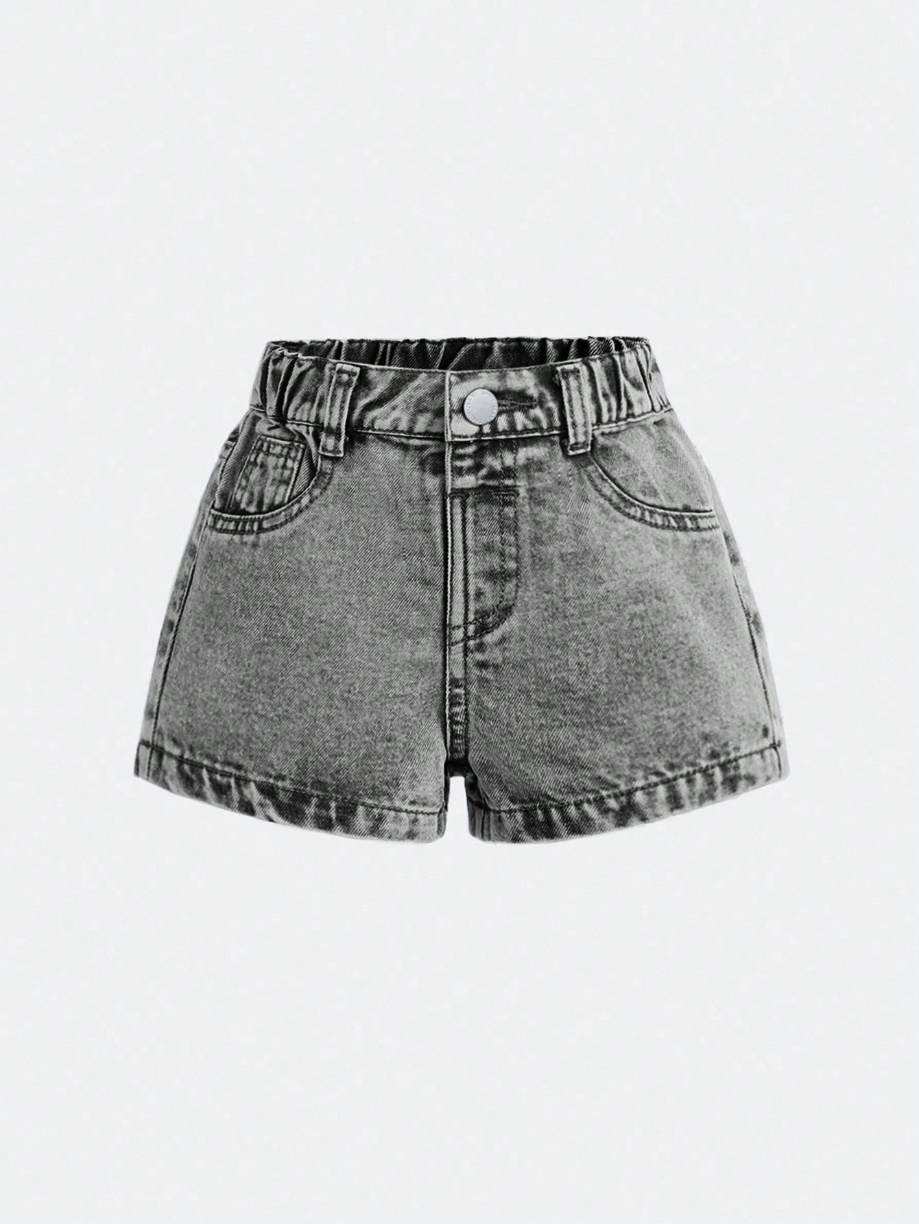 Baby Girls' Blue Denim Shorts With Embroidered Bowknot Pattern