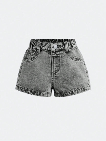 Baby Girls' Blue Denim Shorts With Embroidered Bowknot Pattern