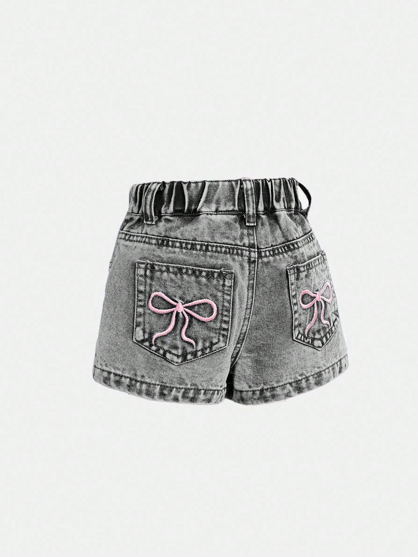 Baby Girls' Blue Denim Shorts With Embroidered Bowknot Pattern