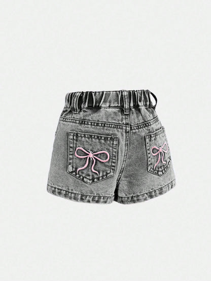 Baby Girls' Blue Denim Shorts With Embroidered Bowknot Pattern