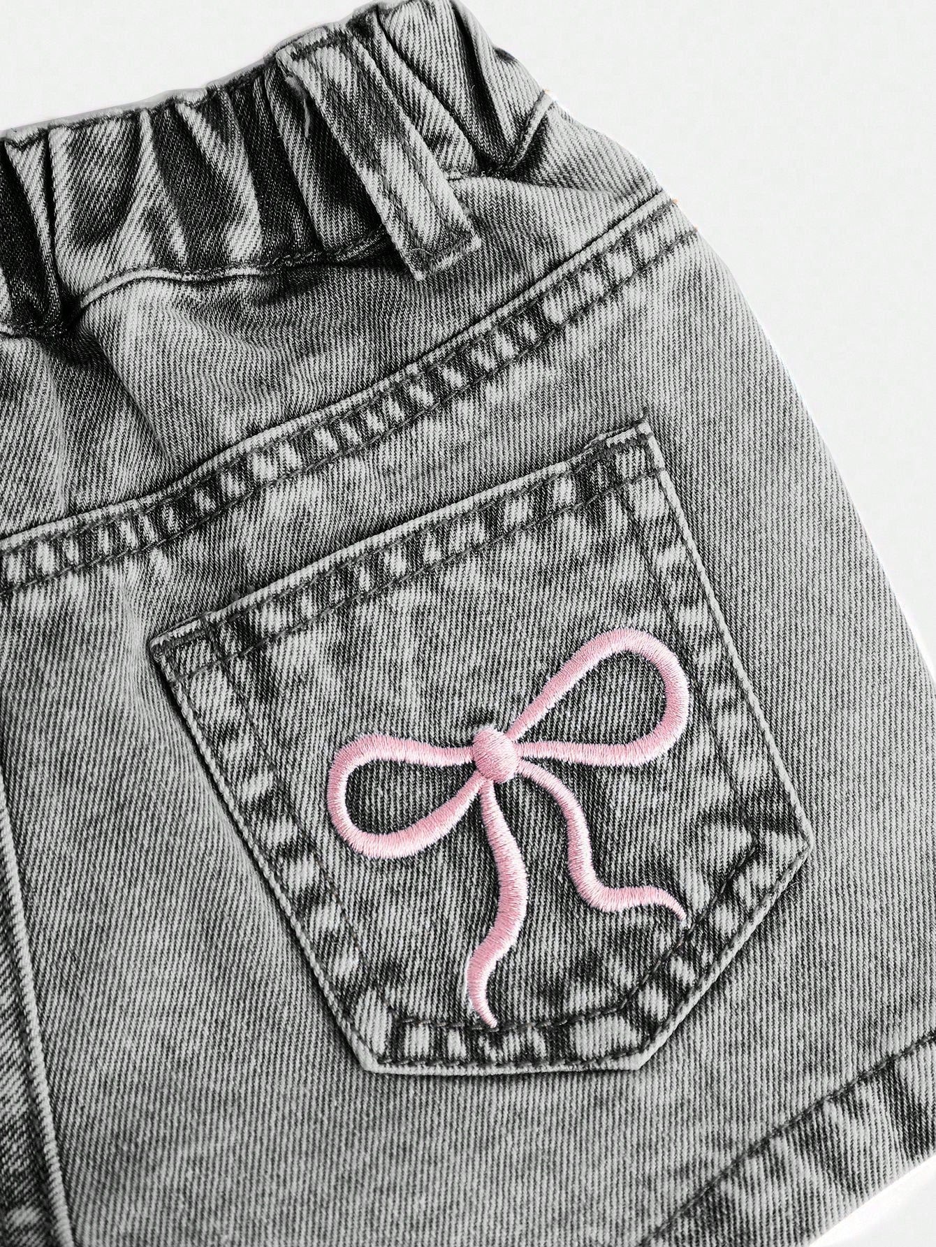 Baby Girls' Blue Denim Shorts With Embroidered Bowknot Pattern
