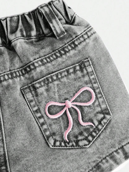 Baby Girls' Blue Denim Shorts With Embroidered Bowknot Pattern
