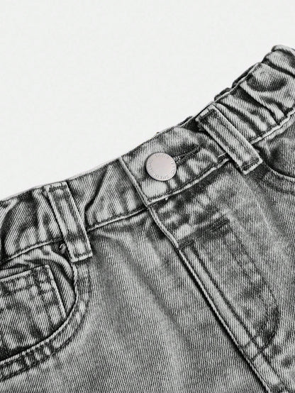 Baby Girls' Blue Denim Shorts With Embroidered Bowknot Pattern