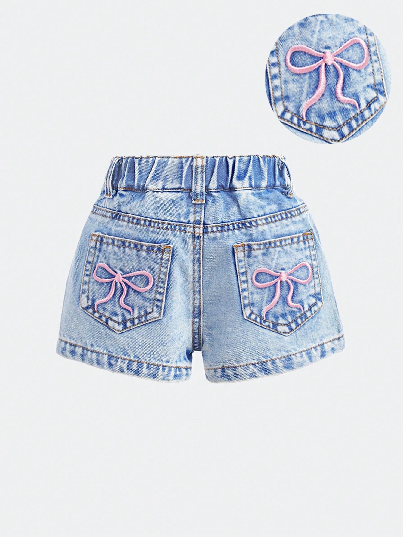 Baby Girls' Blue Denim Shorts With Embroidered Bowknot Pattern