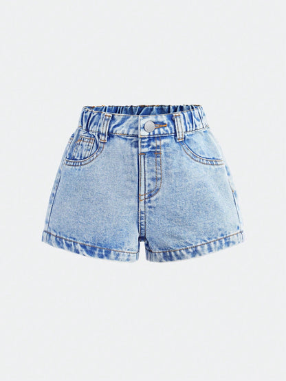 Baby Girls' Blue Denim Shorts With Embroidered Bowknot Pattern