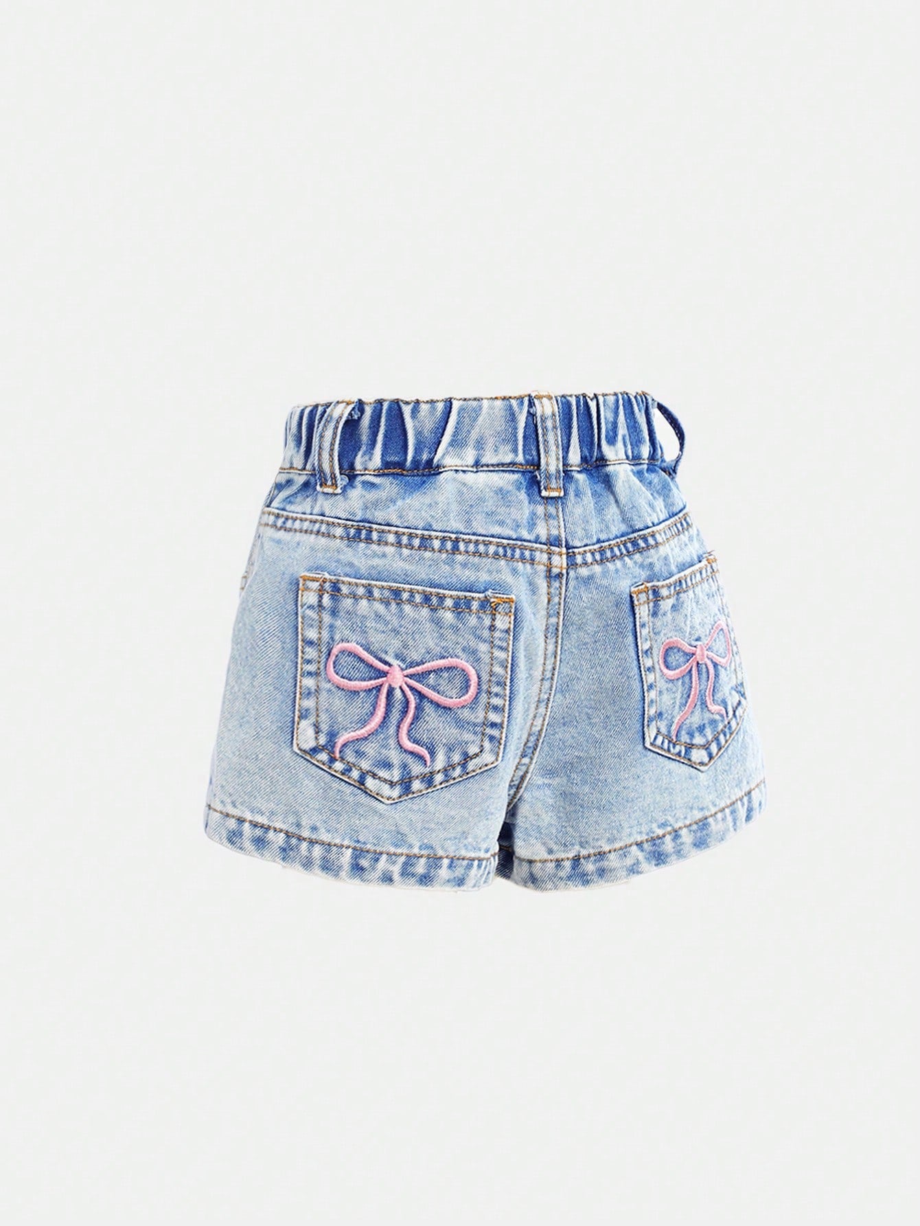 Baby Girls' Blue Denim Shorts With Embroidered Bowknot Pattern
