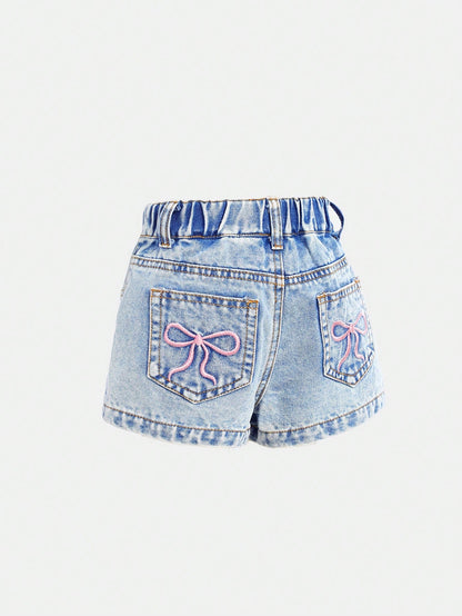 Baby Girls' Blue Denim Shorts With Embroidered Bowknot Pattern