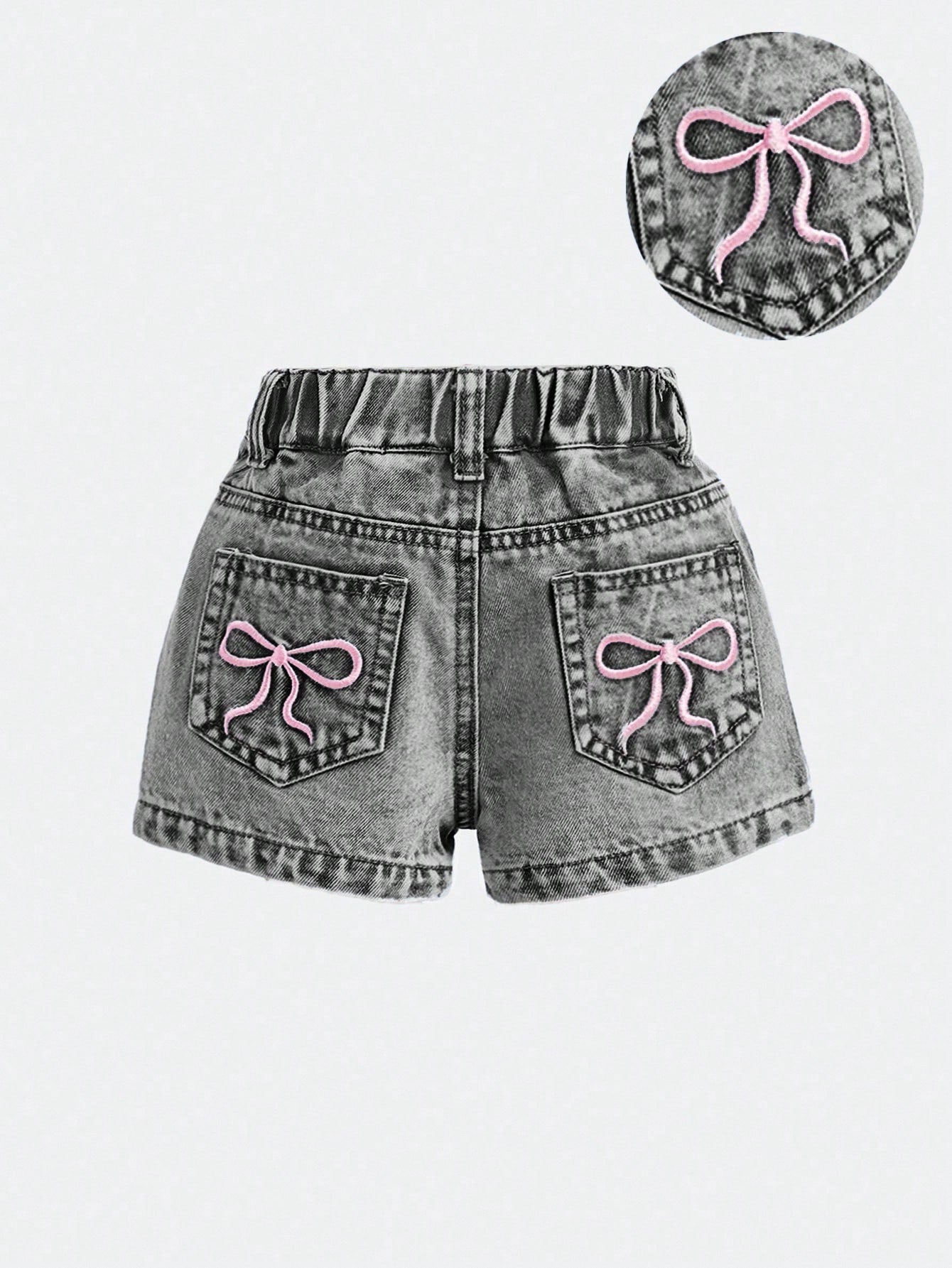 Baby Girls' Blue Denim Shorts With Embroidered Bowknot Pattern