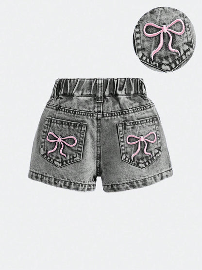 Baby Girls' Blue Denim Shorts With Embroidered Bowknot Pattern