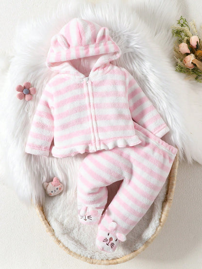 Baby Girls' Comfortable And Cute Pink Striped Animal Shape Hemmed Homewear Set, Hooded Long Sleeve And Long Pants