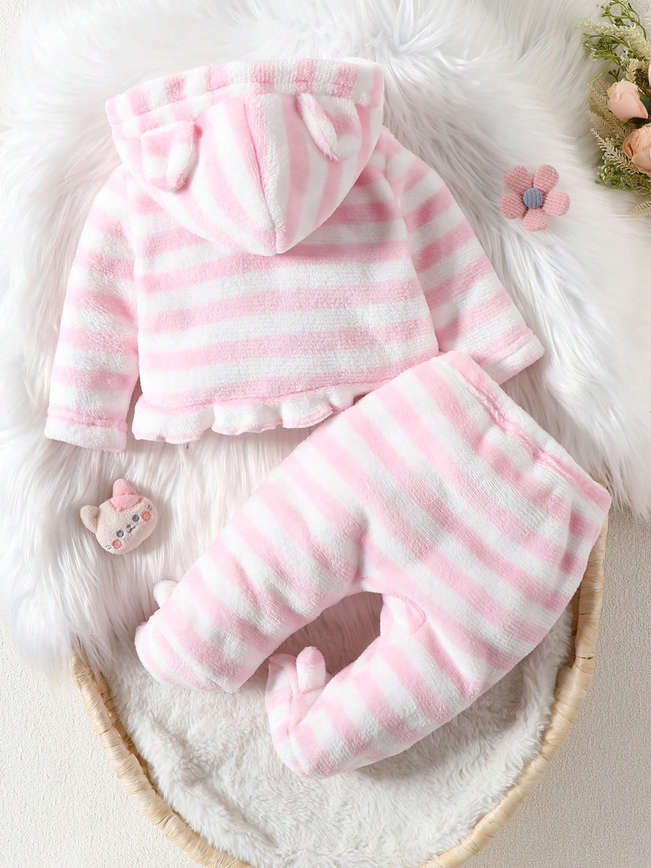 Baby Girls' Comfortable And Cute Pink Striped Animal Shape Hemmed Homewear Set, Hooded Long Sleeve And Long Pants