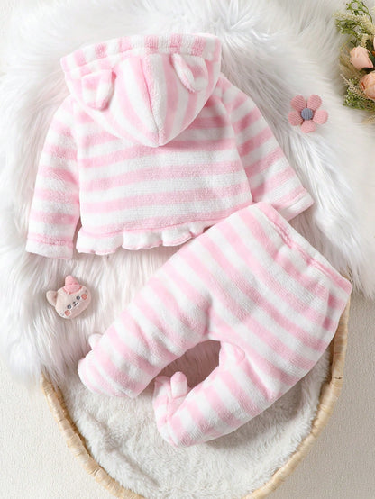 Baby Girls' Comfortable And Cute Pink Striped Animal Shape Hemmed Homewear Set, Hooded Long Sleeve And Long Pants