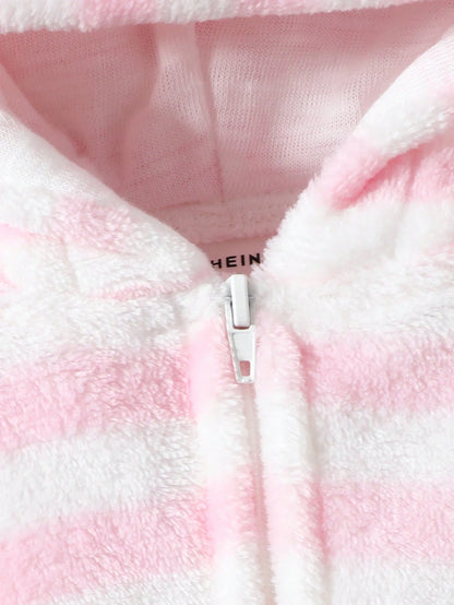 Baby Girls' Comfortable And Cute Pink Striped Animal Shape Hemmed Homewear Set, Hooded Long Sleeve And Long Pants