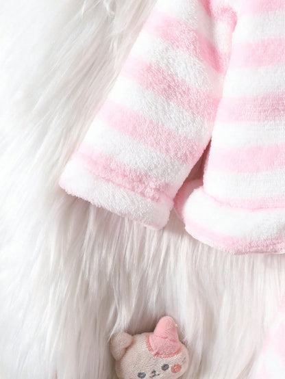 Baby Girls' Comfortable And Cute Pink Striped Animal Shape Hemmed Homewear Set, Hooded Long Sleeve And Long Pants