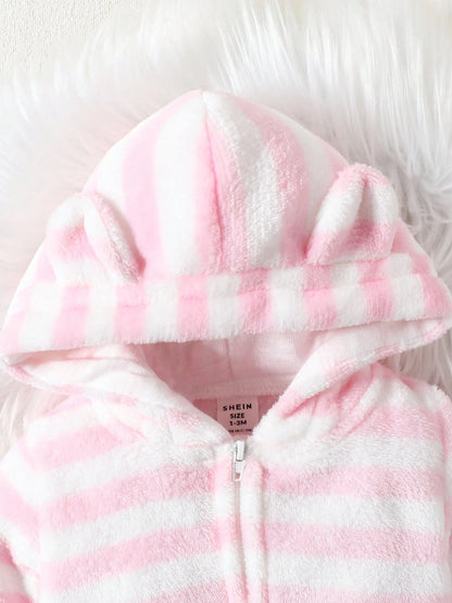 Baby Girls' Comfortable And Cute Pink Striped Animal Shape Hemmed Homewear Set, Hooded Long Sleeve And Long Pants