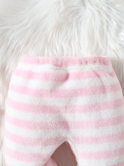 Baby Girls' Comfortable And Cute Pink Striped Animal Shape Hemmed Homewear Set, Hooded Long Sleeve And Long Pants