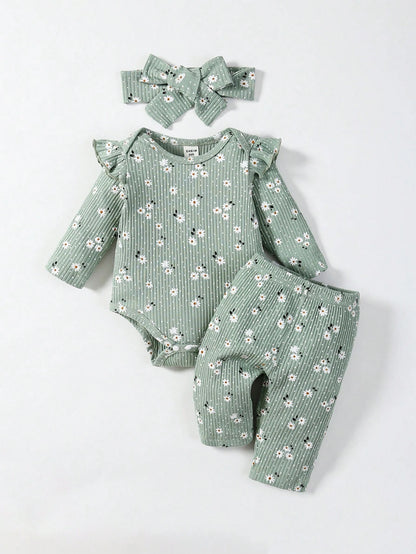 Baby Girls' Flower Printed Round Neck Long Sleeve Bodysuit And Pants Casual Outfit