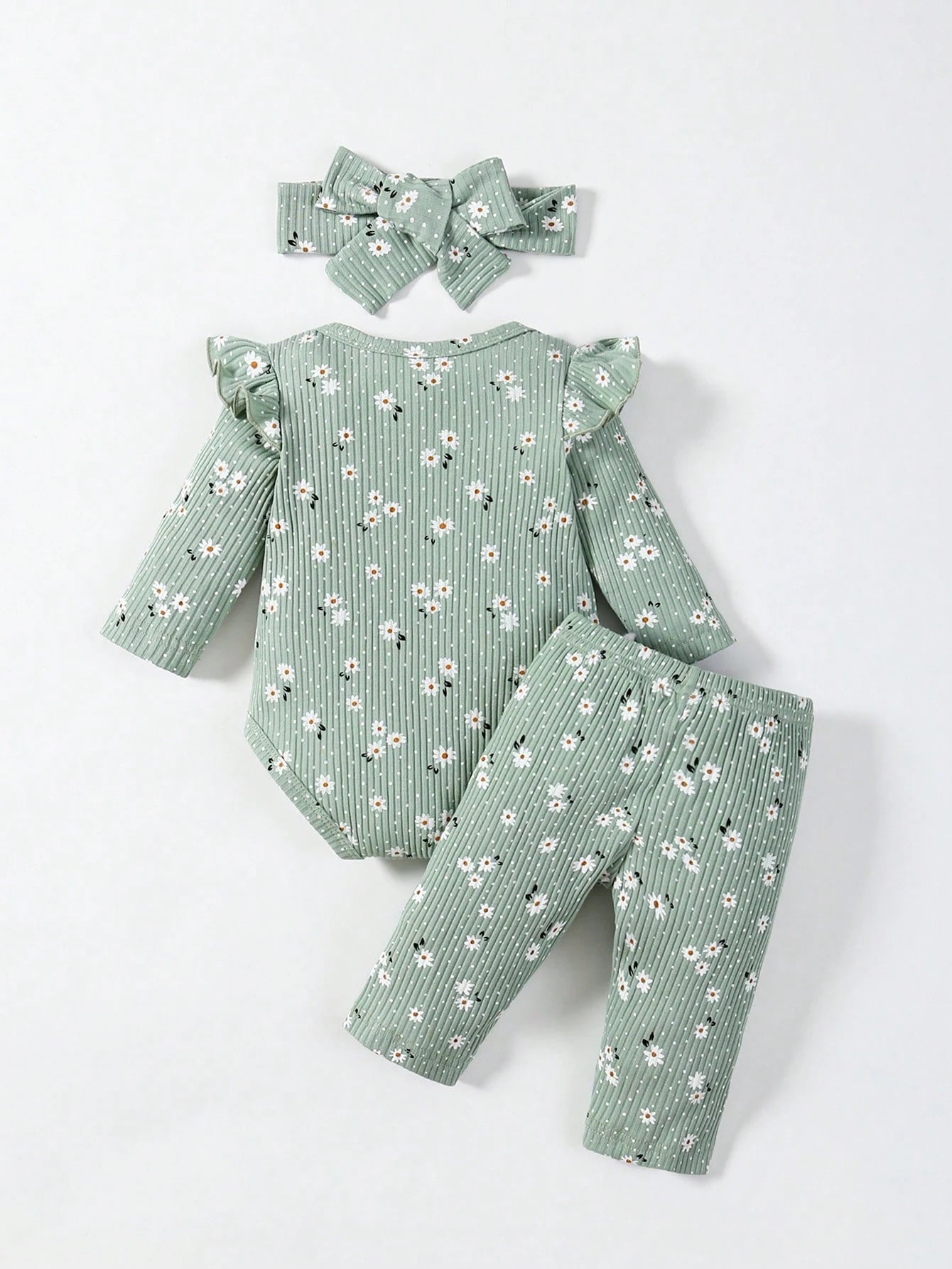 Baby Girls' Flower Printed Round Neck Long Sleeve Bodysuit And Pants Casual Outfit