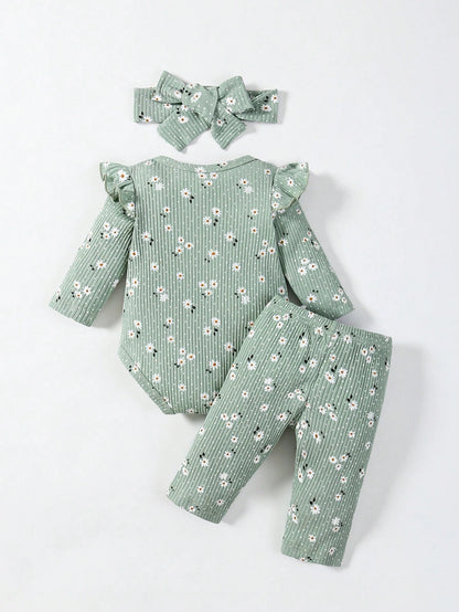 Baby Girls' Flower Printed Round Neck Long Sleeve Bodysuit And Pants Casual Outfit